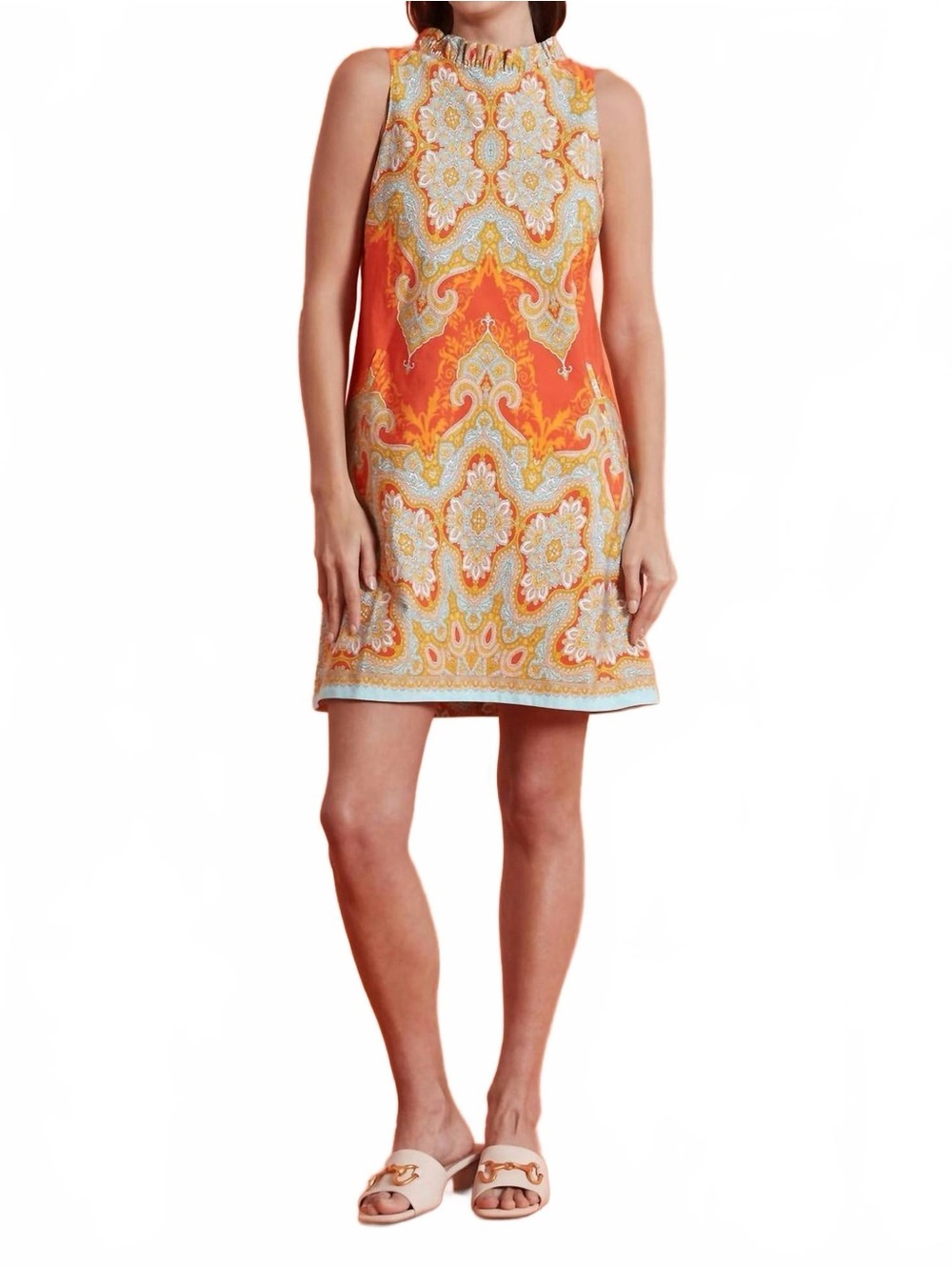 Tyler Boe Ella Medallion Linen Cotton Ruffled Mini Dress In Orange Small Paisley